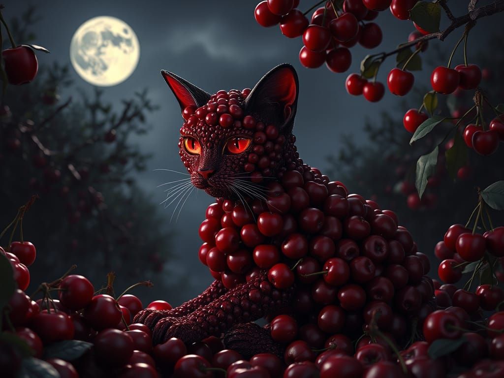Cherry Feline Goddess Guards the Moonlit Orchard