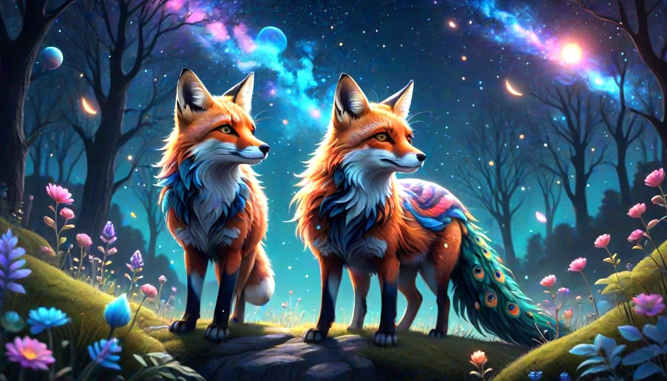 Mystical Fox-Peacock Hybrid in an Enchanted Forest Night Sky