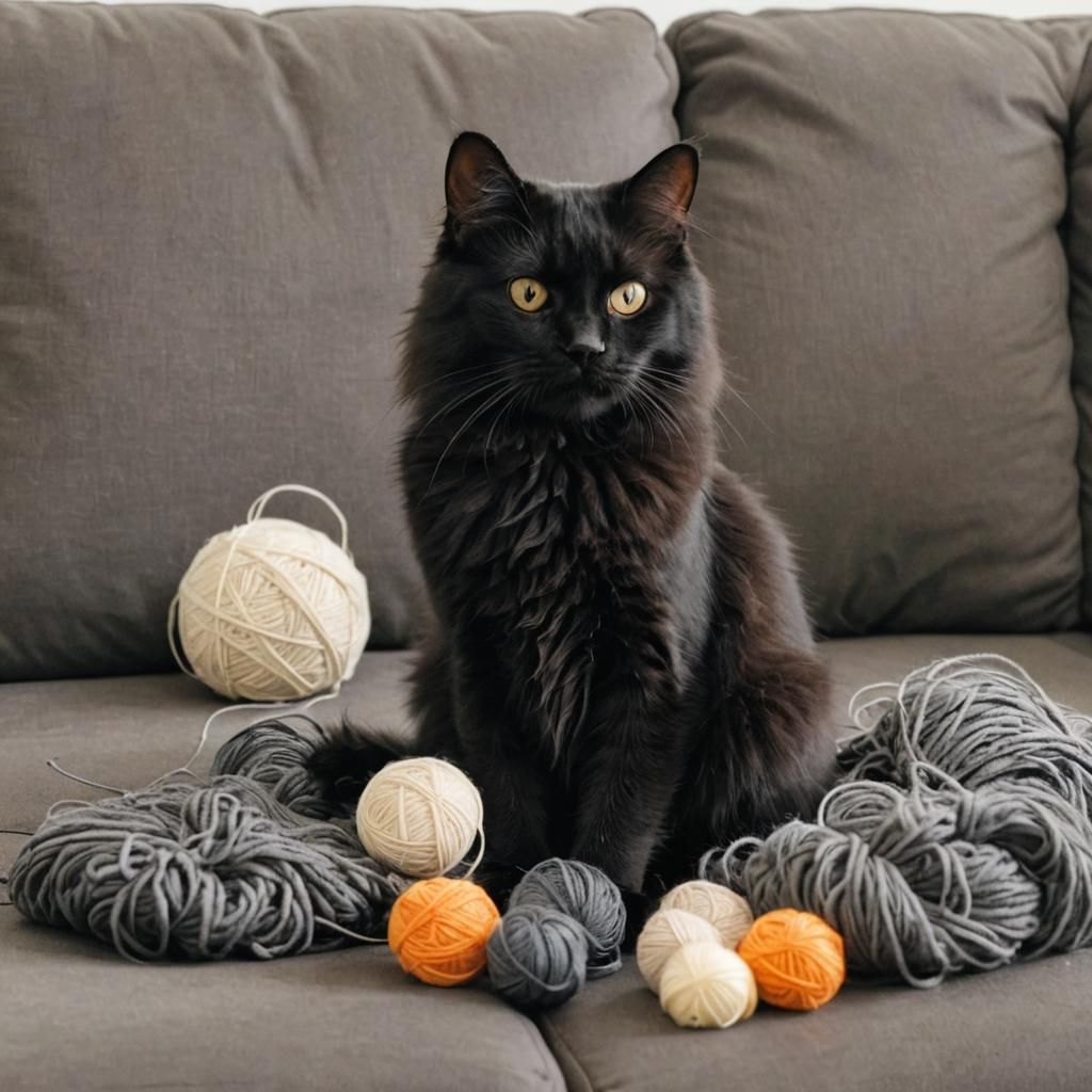 Fluffy Black Cat on Couch with Yarn