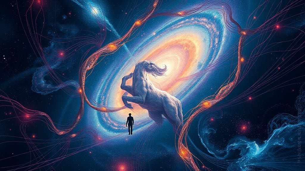 Cosmic Dance: Galaxies Intertwined in Surreal Universe