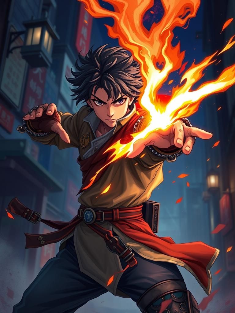 Young Fire Mage Unleashing Blazing Spell, Anime Style