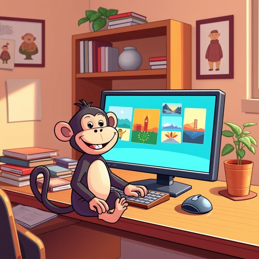 Cartoon Monkey at Desk with Computer