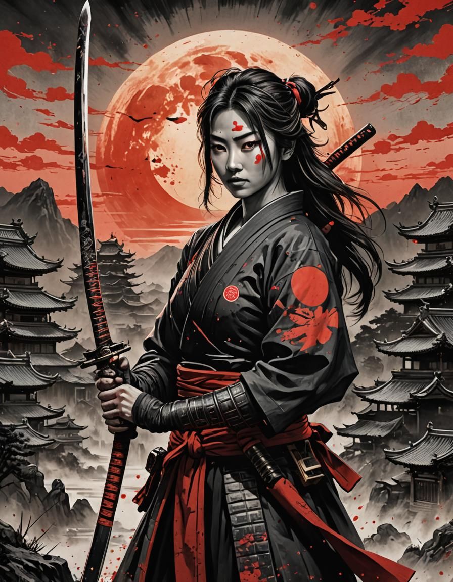 Samurai Woman with Sword: Poster Art in Trash Polka Style
