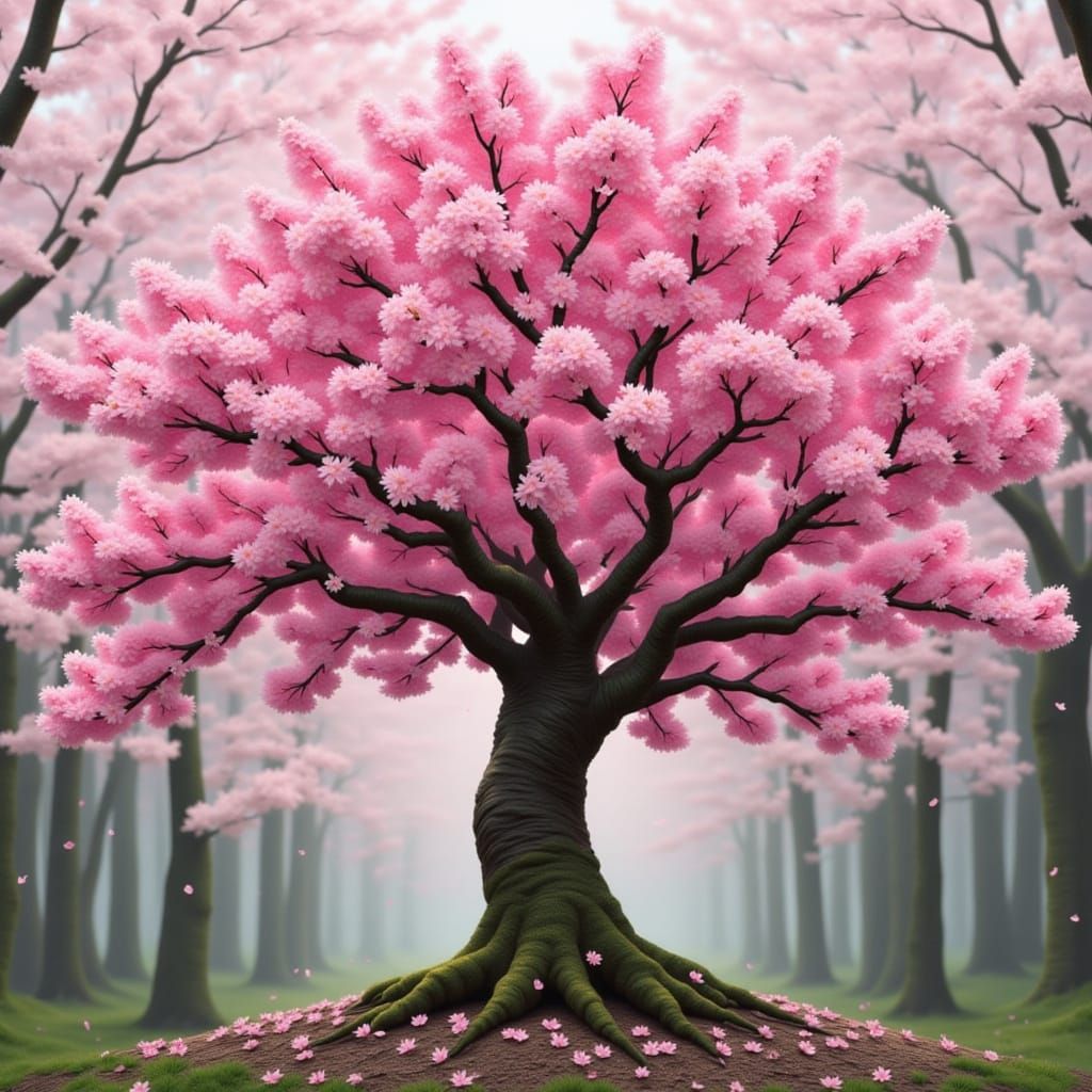 Woman Transforms Into Cherry Blossom Tree in Forest