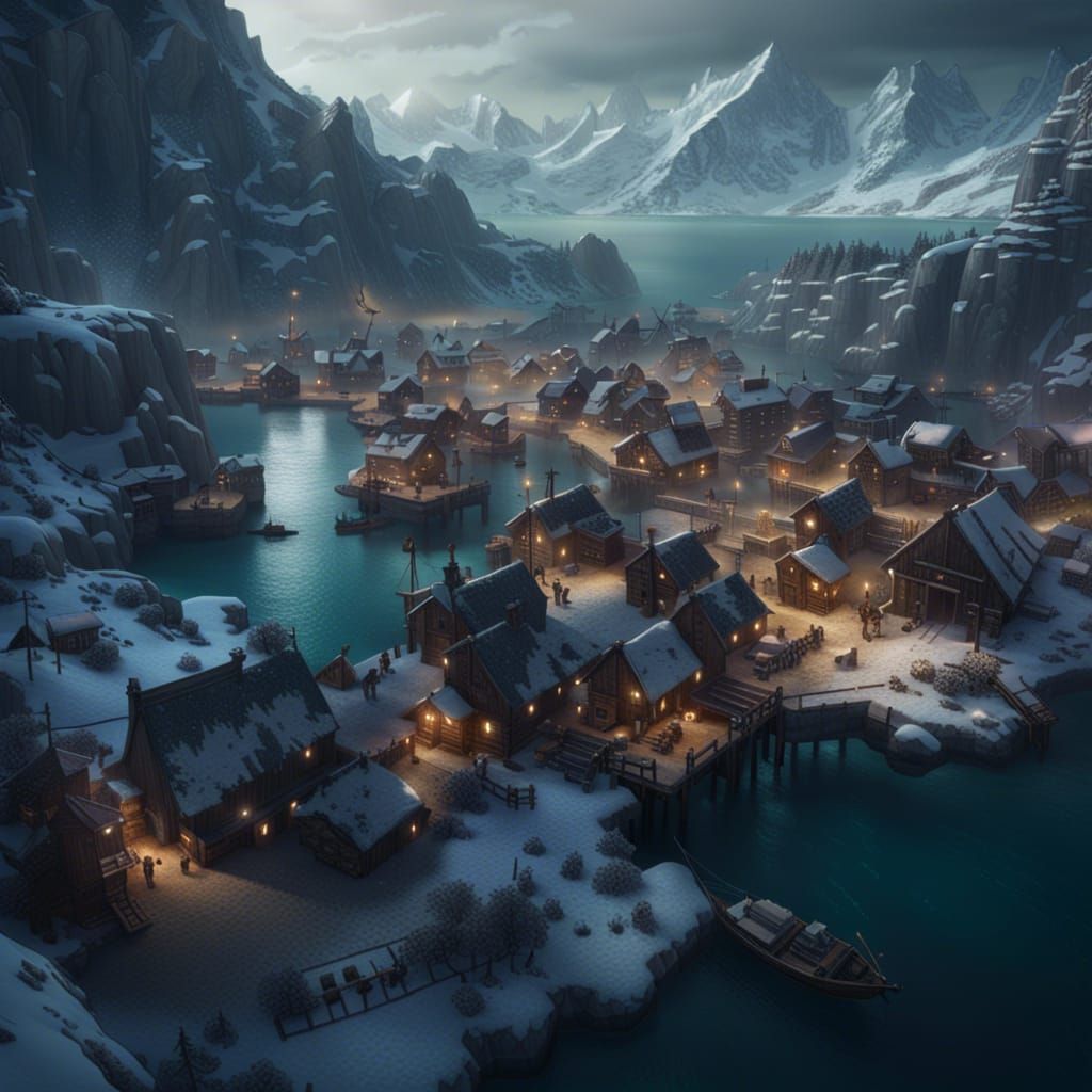Viking Village Aerial View in Dark Fantasy Style