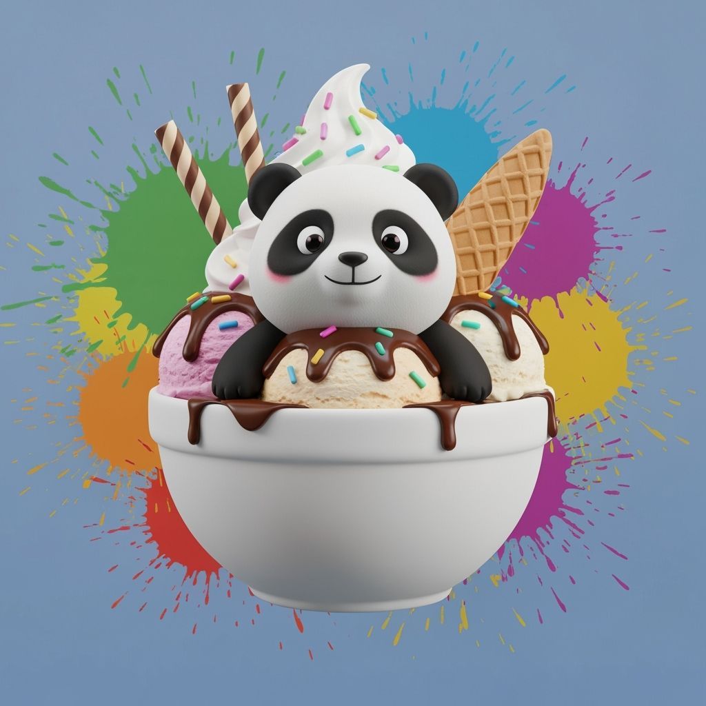 Cute Panda Bear Enjoys Ice Cream Bowl
