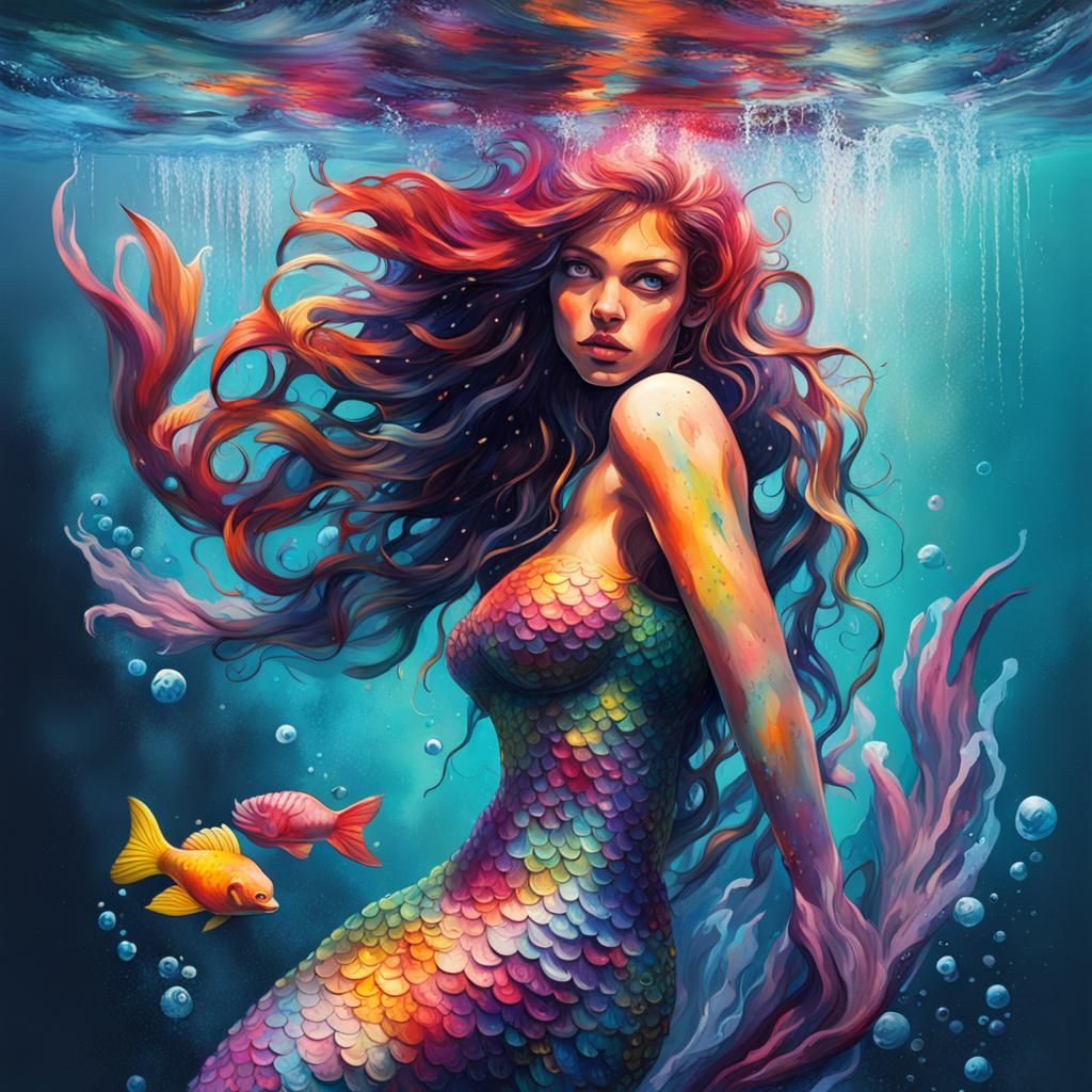 Digital Mermaid in Underwater Graffiti Art Style