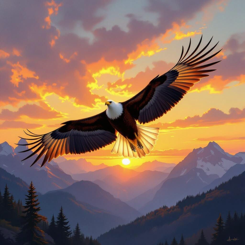 Majestic Bird Soaring Through Sunset Sky