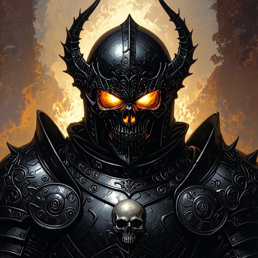 Dark Armored Knight with Skull Helmet and Flaming Eyes