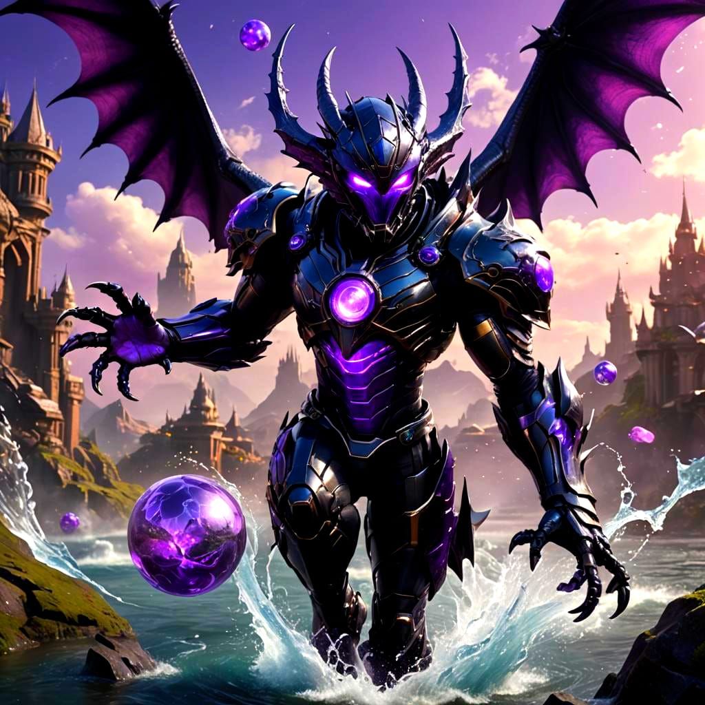 Cybernetic Superhero in Dragon Suit Holding Water Sphere