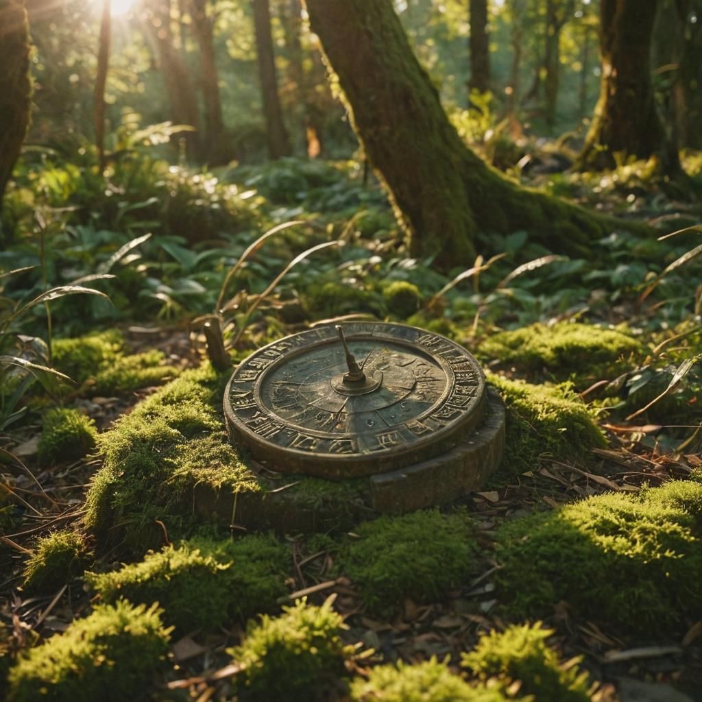 Sunlit Mossy Sundial in Overgrown Garden