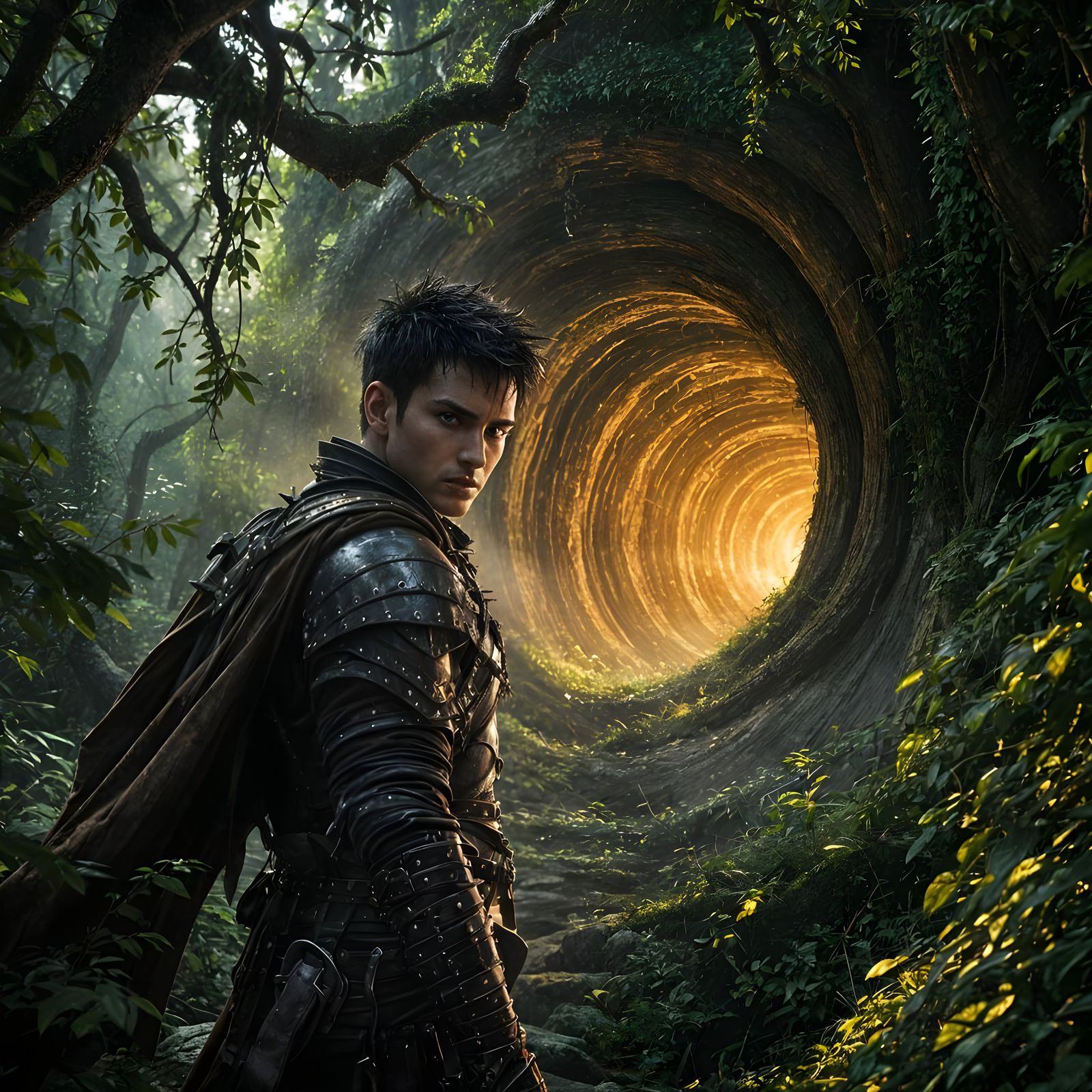 Warrior Guards Otherworldly Portal in Ethereal Forest