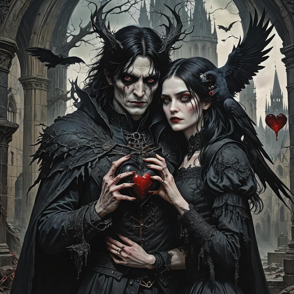 Woman with Heart in Dark Fantasy Landscape