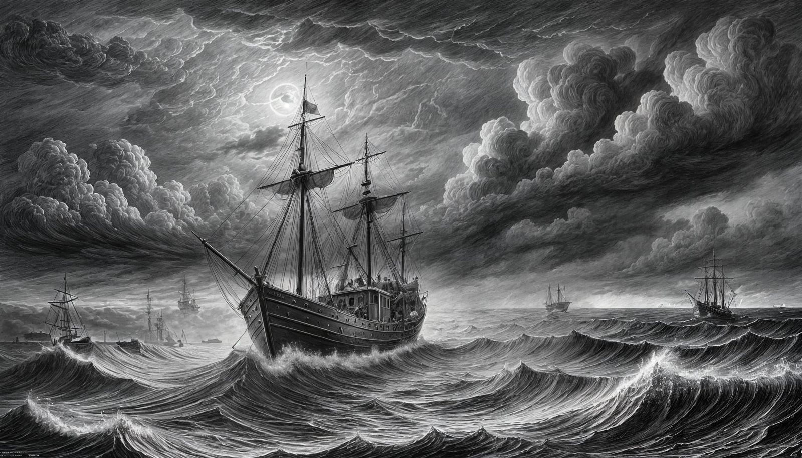 Fishing Boat at Sea: Monochromatic Pencil Drawing