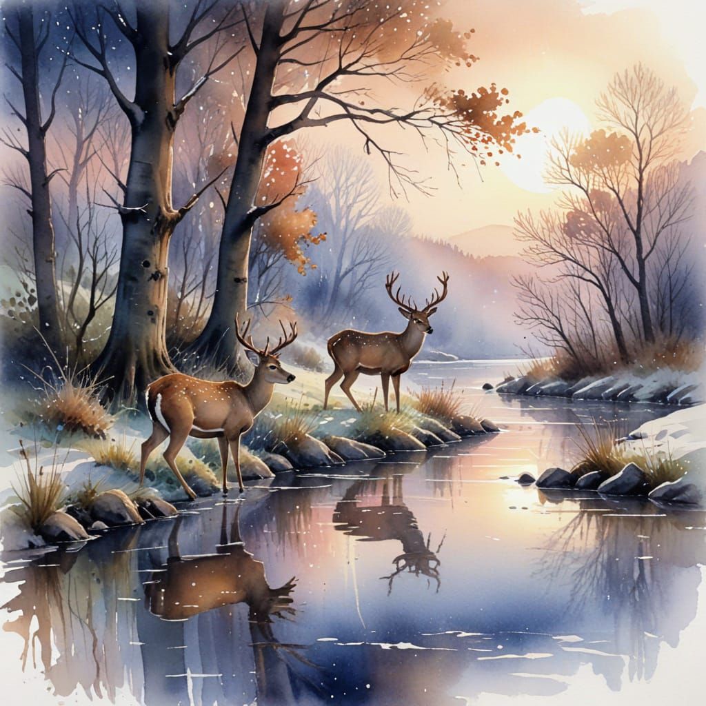 River Deer at Twilight: Watercolor Masterpiece