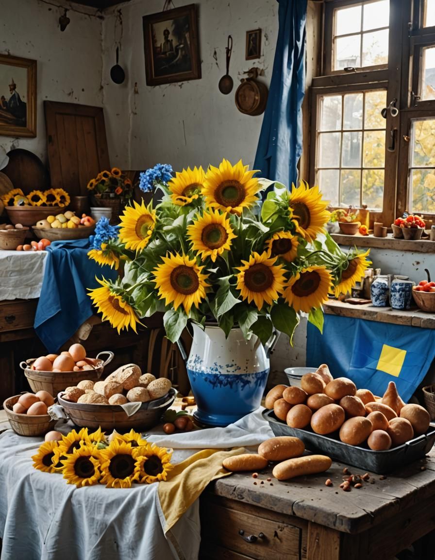Golden Sunflowers in a Copper Bucket, Ukrainian Flag, Bright...