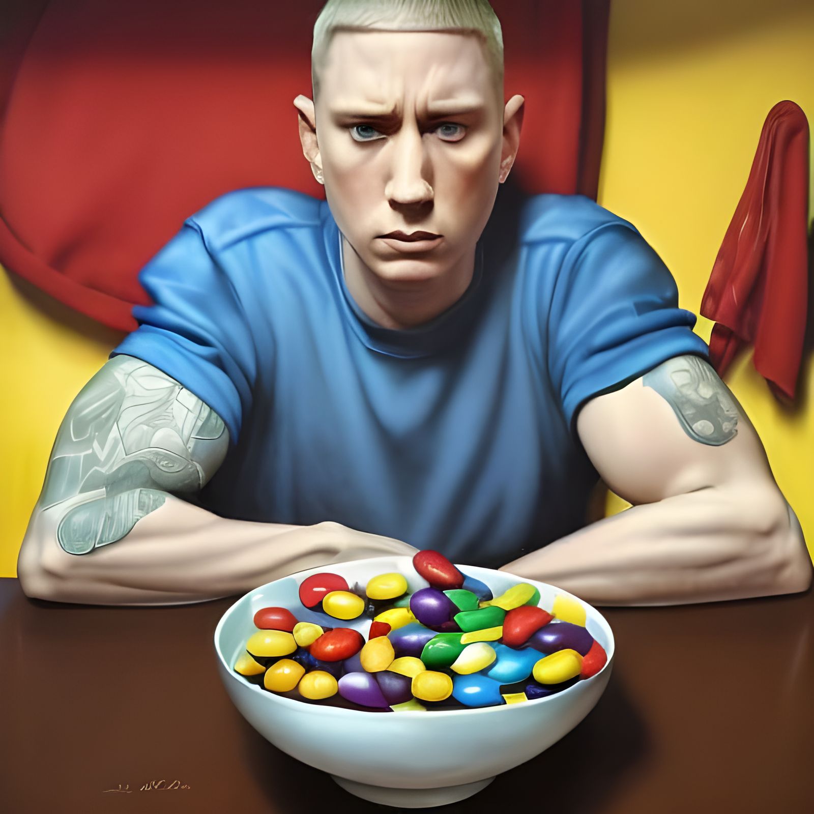 Eminem Portrait Holding M&Ms, as 3D Digital Art