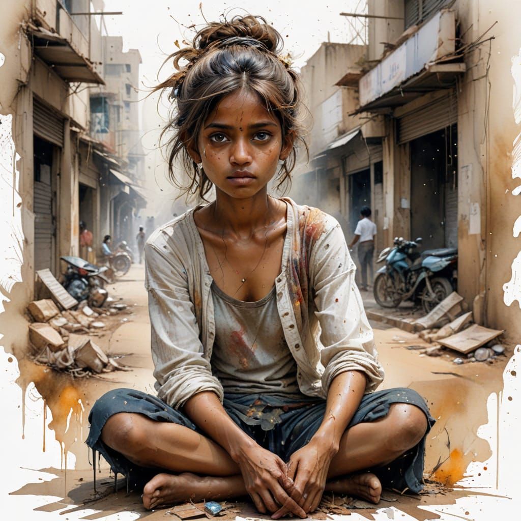 Sorrowful Young Girl in Mumbai Street Scene