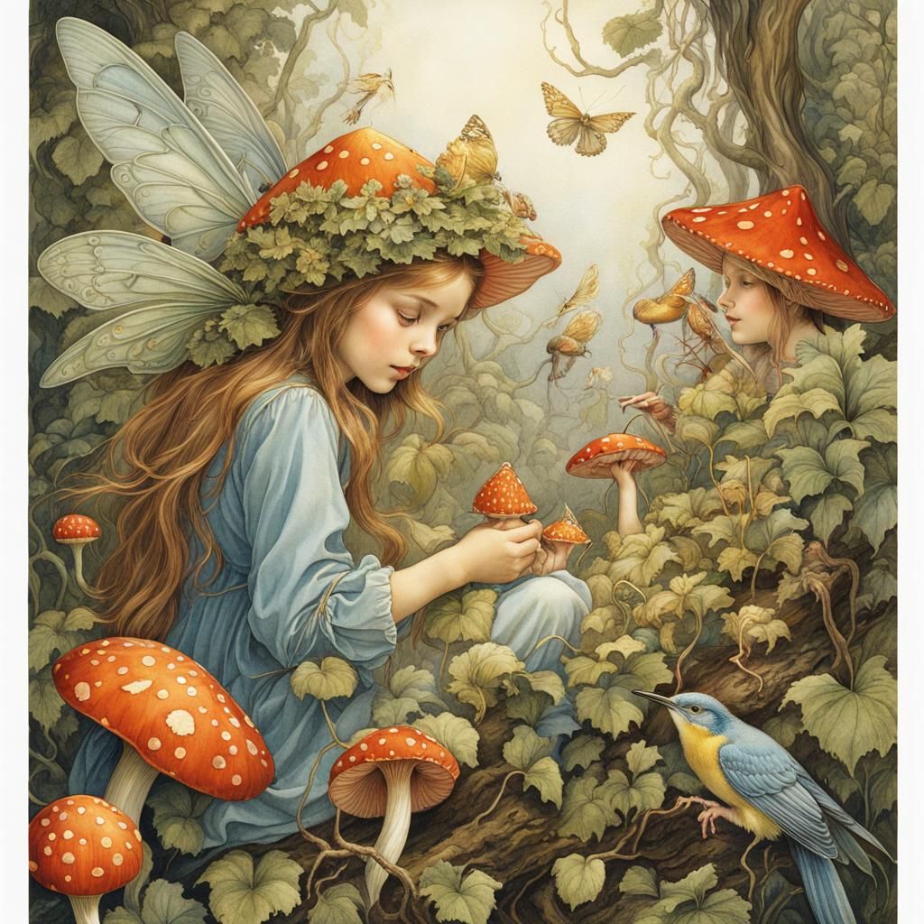 Fairies and Birds on Vines: Coloring Book Illustration