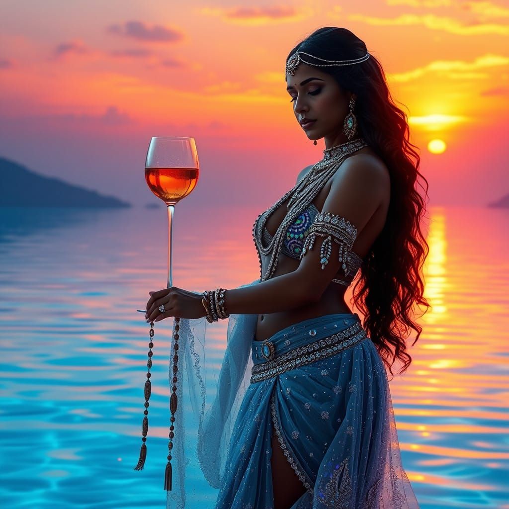 Mystical Indian Goddess Stands Beside Heavenly Pool with Win...