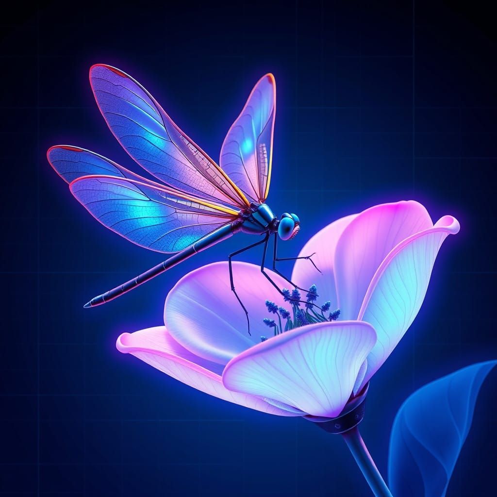 Iridescent Dragonfly Perched on a Moonlit Flower in Neon Ret...