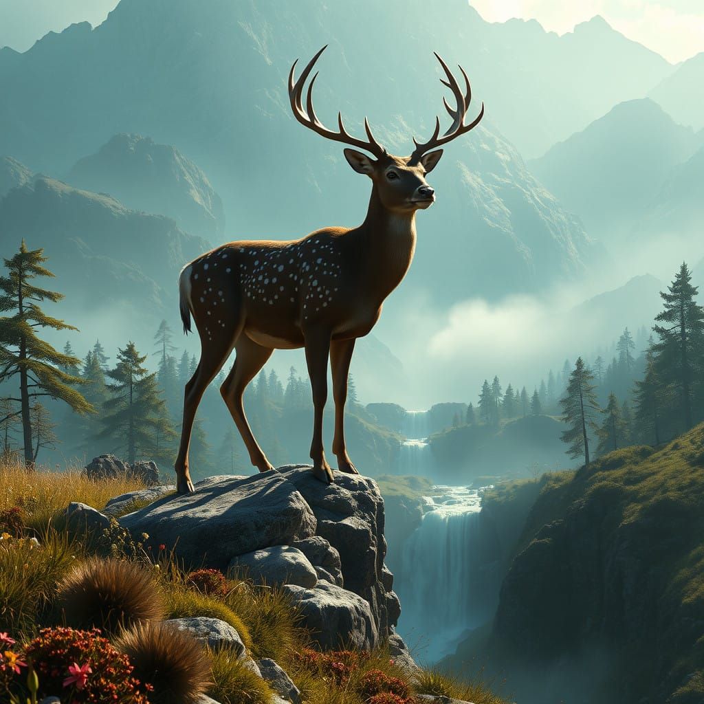 Majestic Deer in Serene Mountain Landscape
