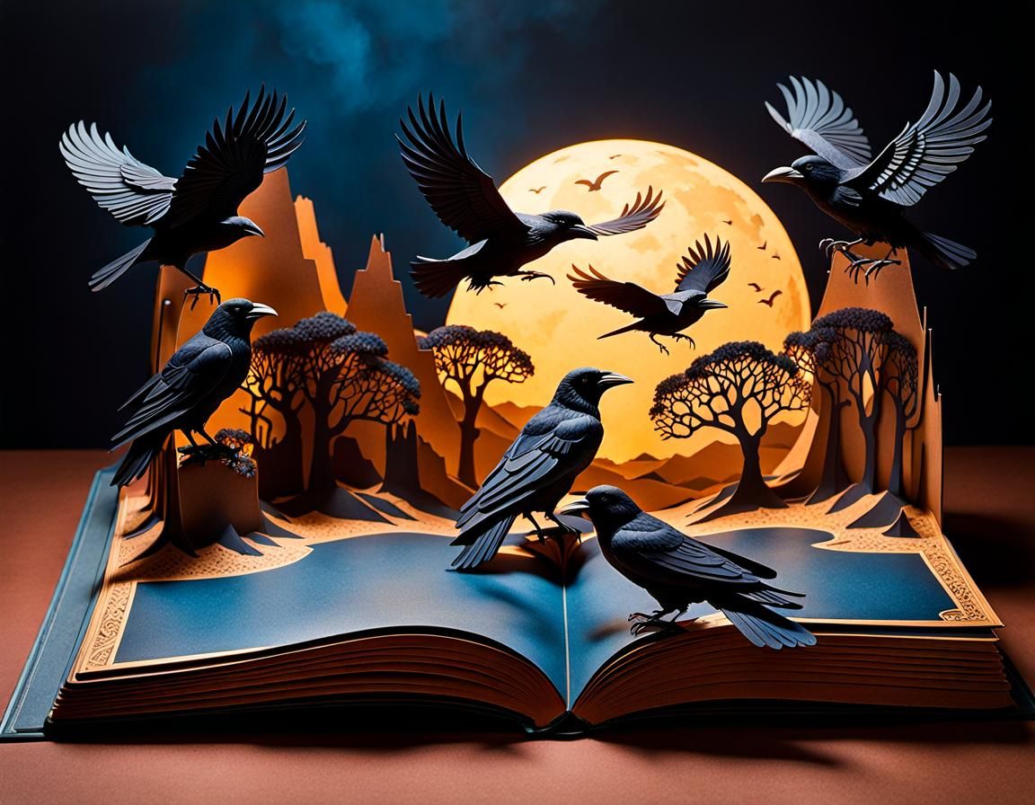 Cardboard Ravens in Moonlit Desert Pop-Up Book