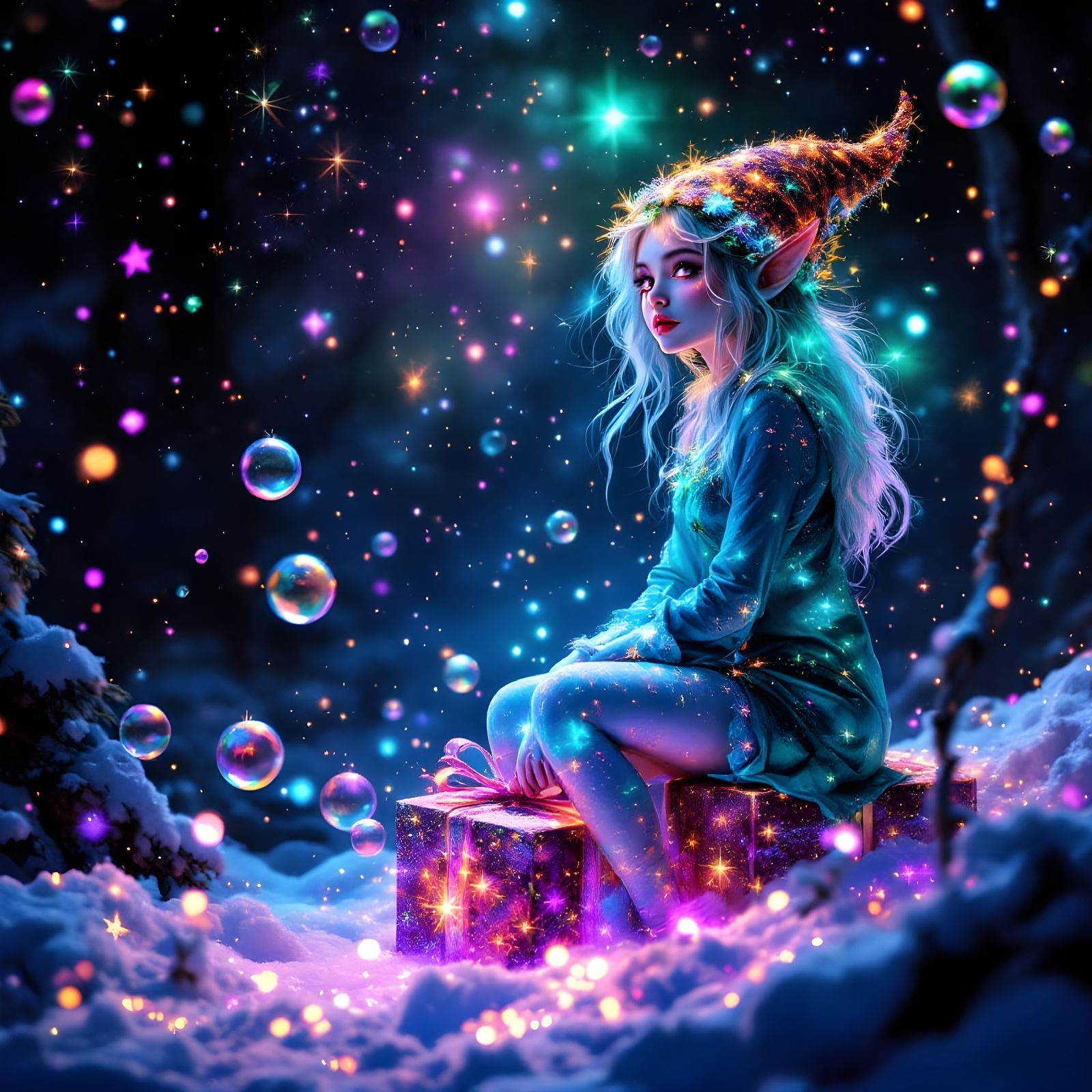 Enchanted Christmas Elf in a Whimsical Holographic Wonderlan...