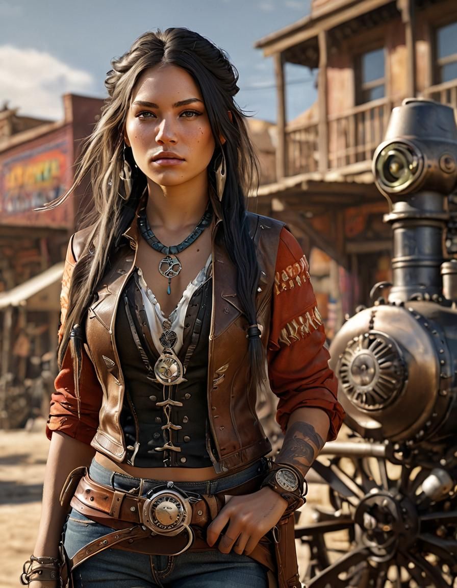 Native American Gunslinger in Hyperrealistic Style