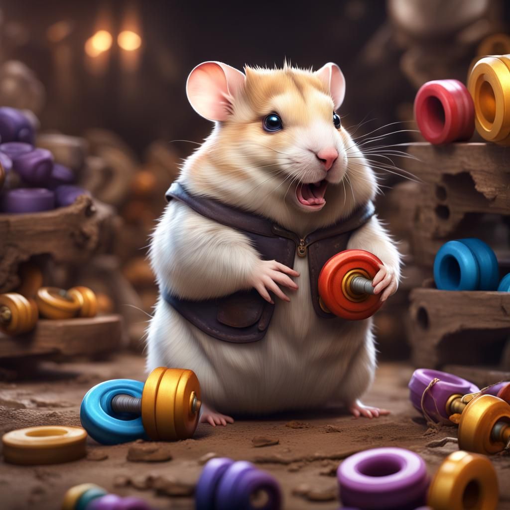 Hamster with Six-Pack Curls Dumbbells: Fantasy Concept Art