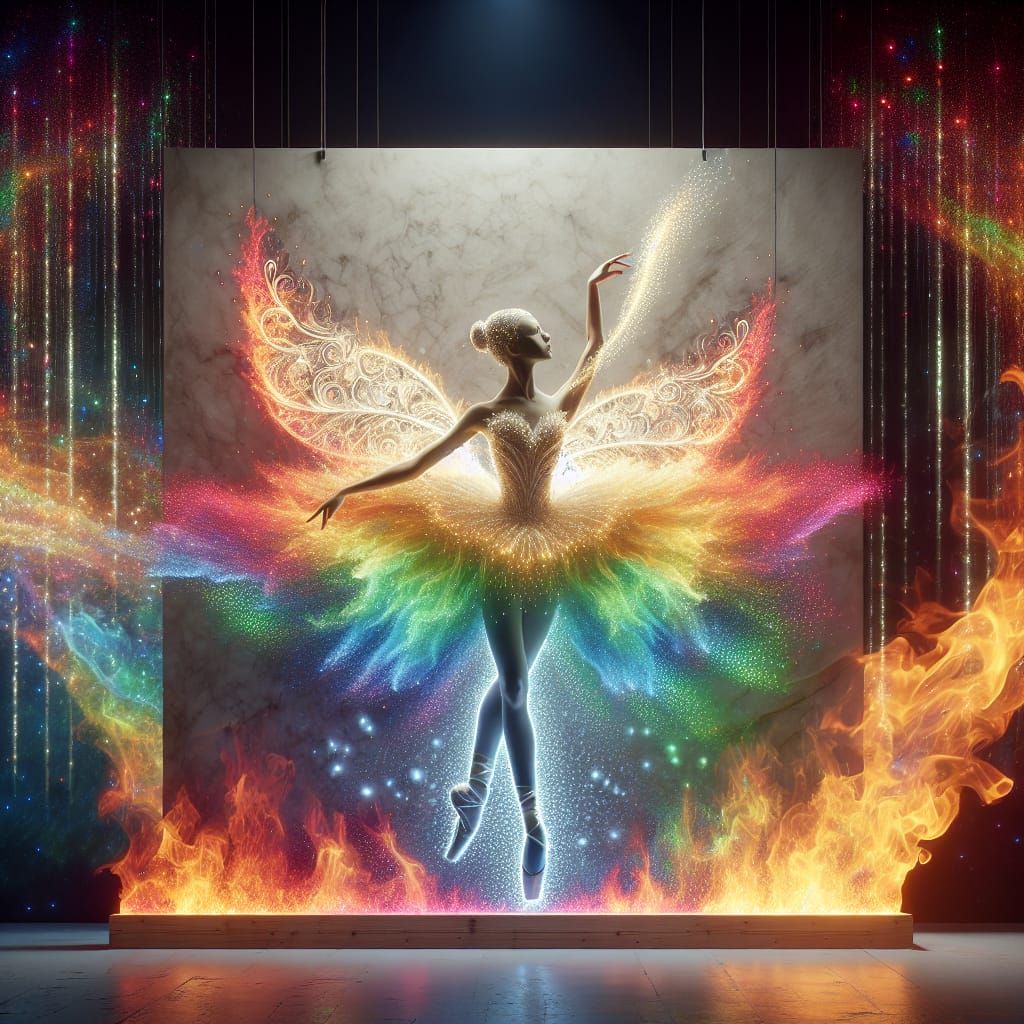 Ballerina of Light Amidst Fiery Flames and Rainbows
