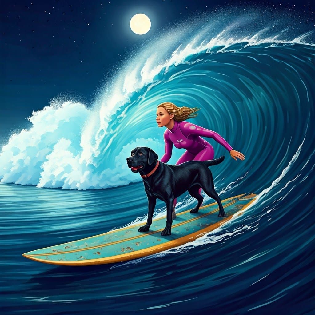 Serene Surfer and Labrador Ride a Wave Under Full Moon