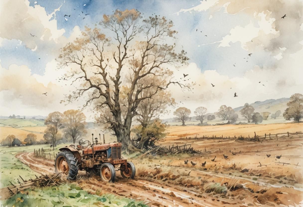 Romantic Landscape with Tractor in Watercolor Style