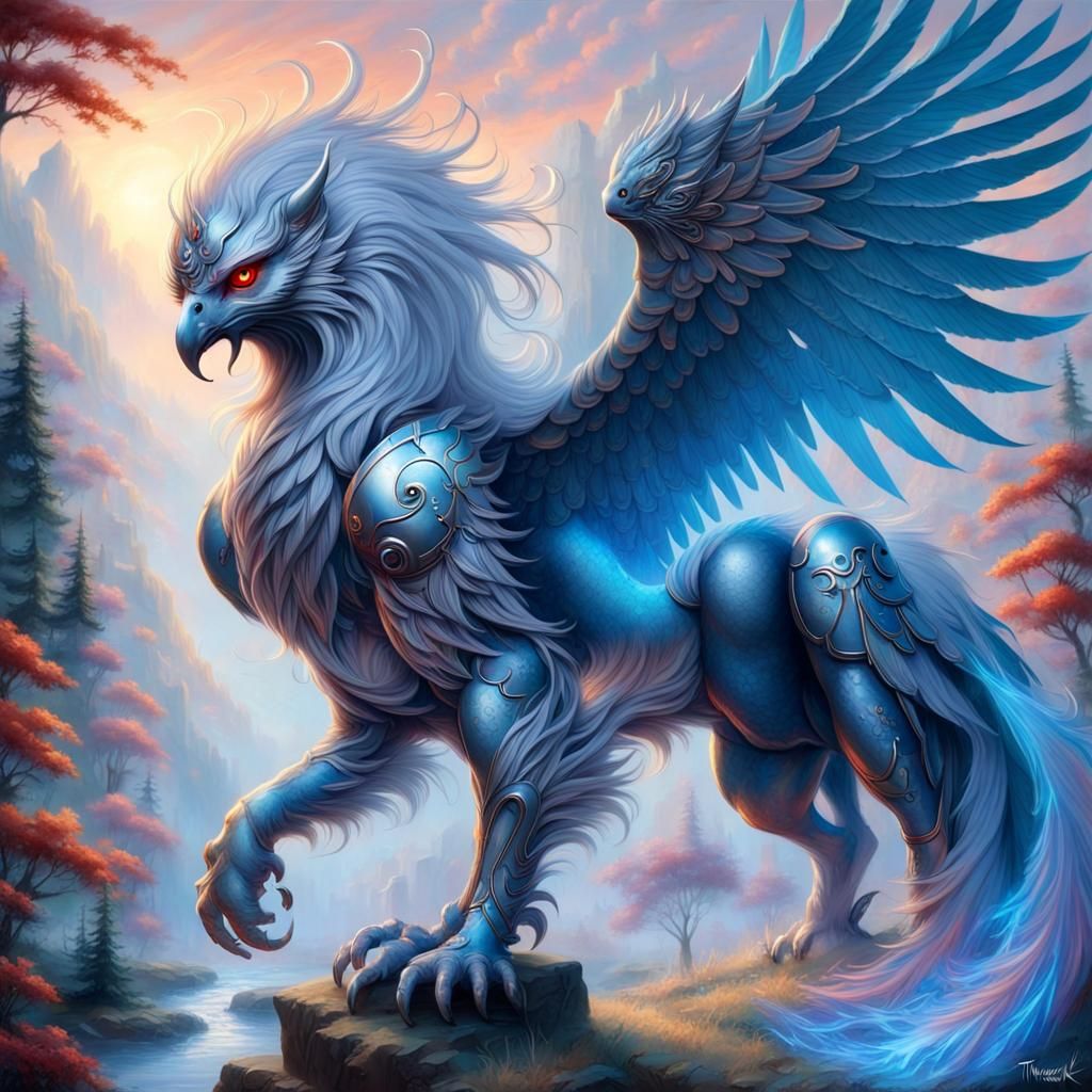 Armored Gryphon with Fiery Mane in Ethereal Style
