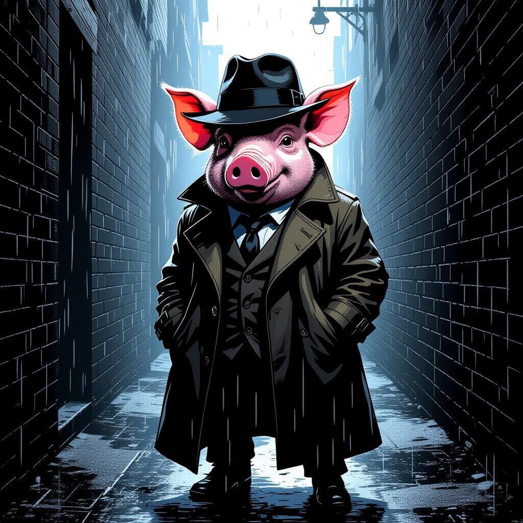 Spiderpig in Noir Style Alleyway, Frank Miller
