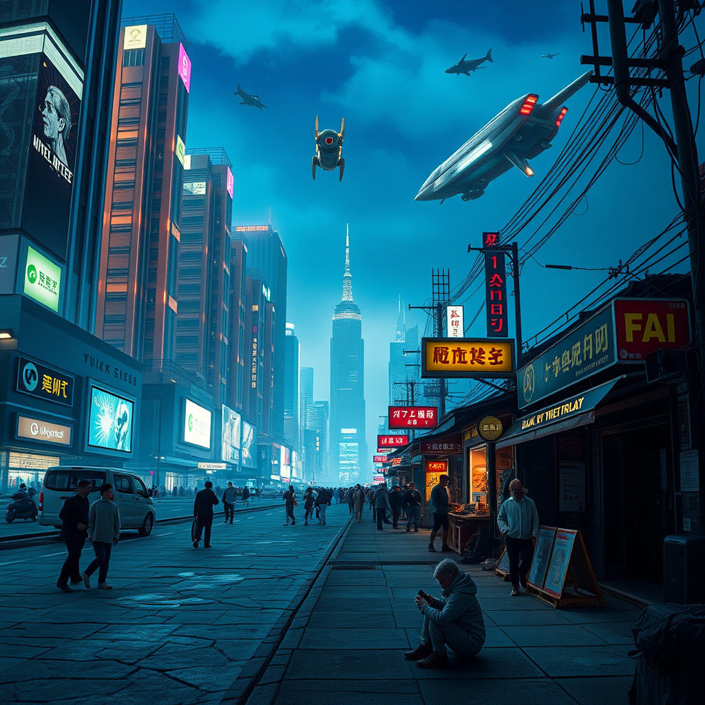 Dystopian Cityscape with Cyberpunk Elements