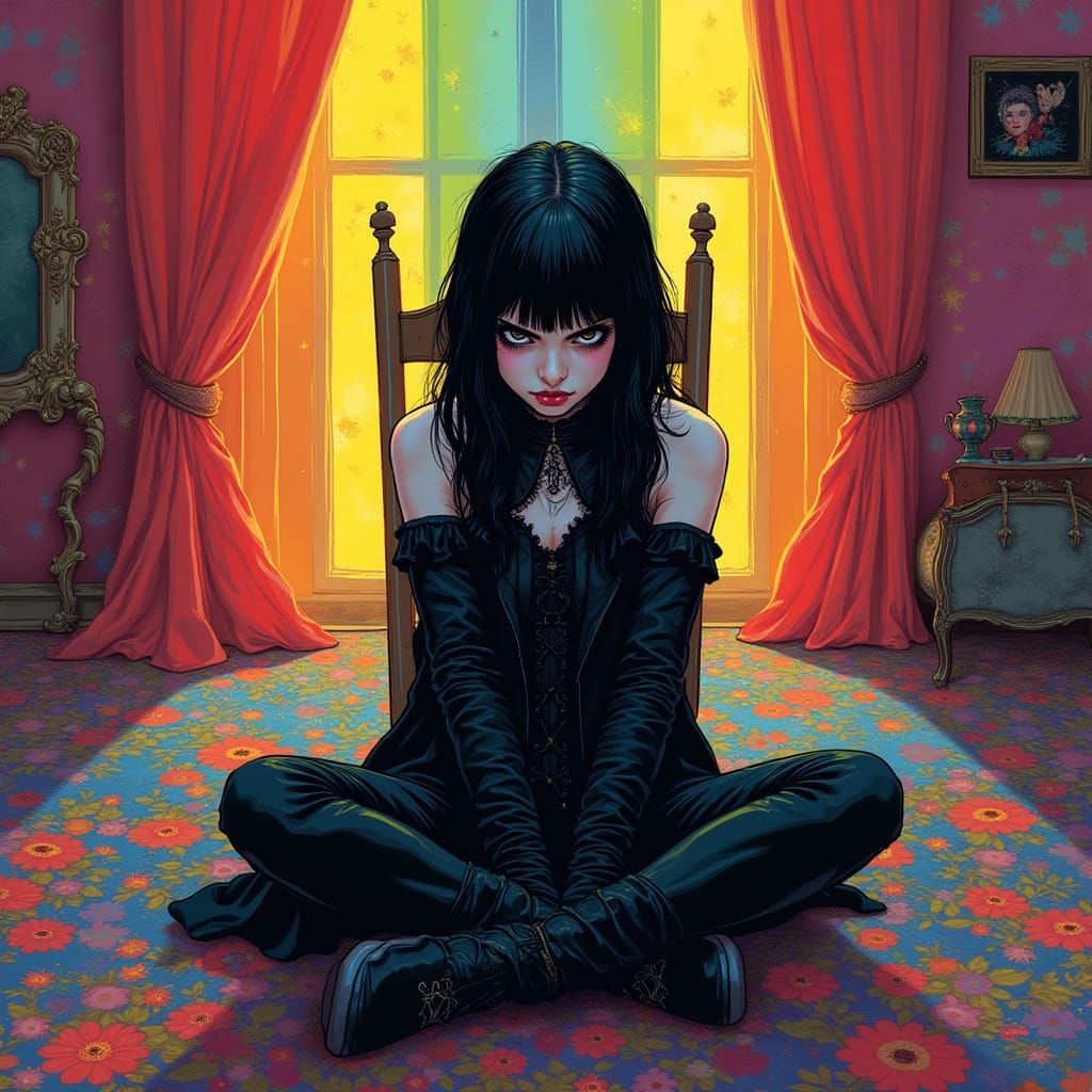 Gothic Girl Annoyed in Rainbow Room, Graphic Novel Style