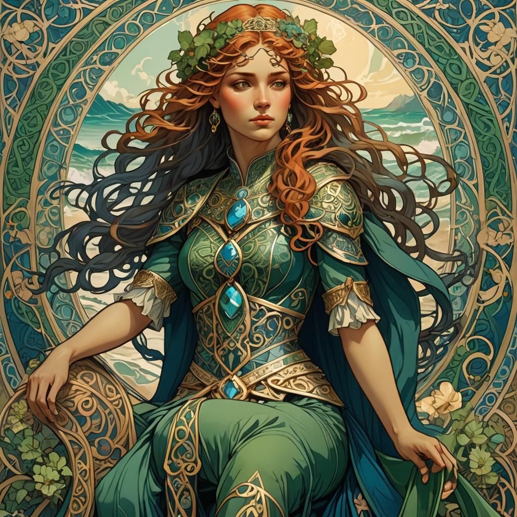 Princess Merida on Beach in Art Nouveau Style