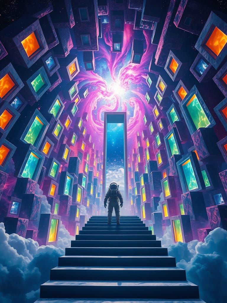 Astronaut and Portals in Cosmic M.C. Escher Style