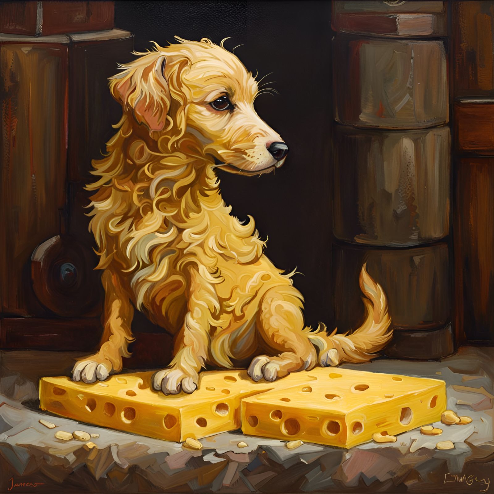 Adorable Cheese Dog in Oil Painting Style
