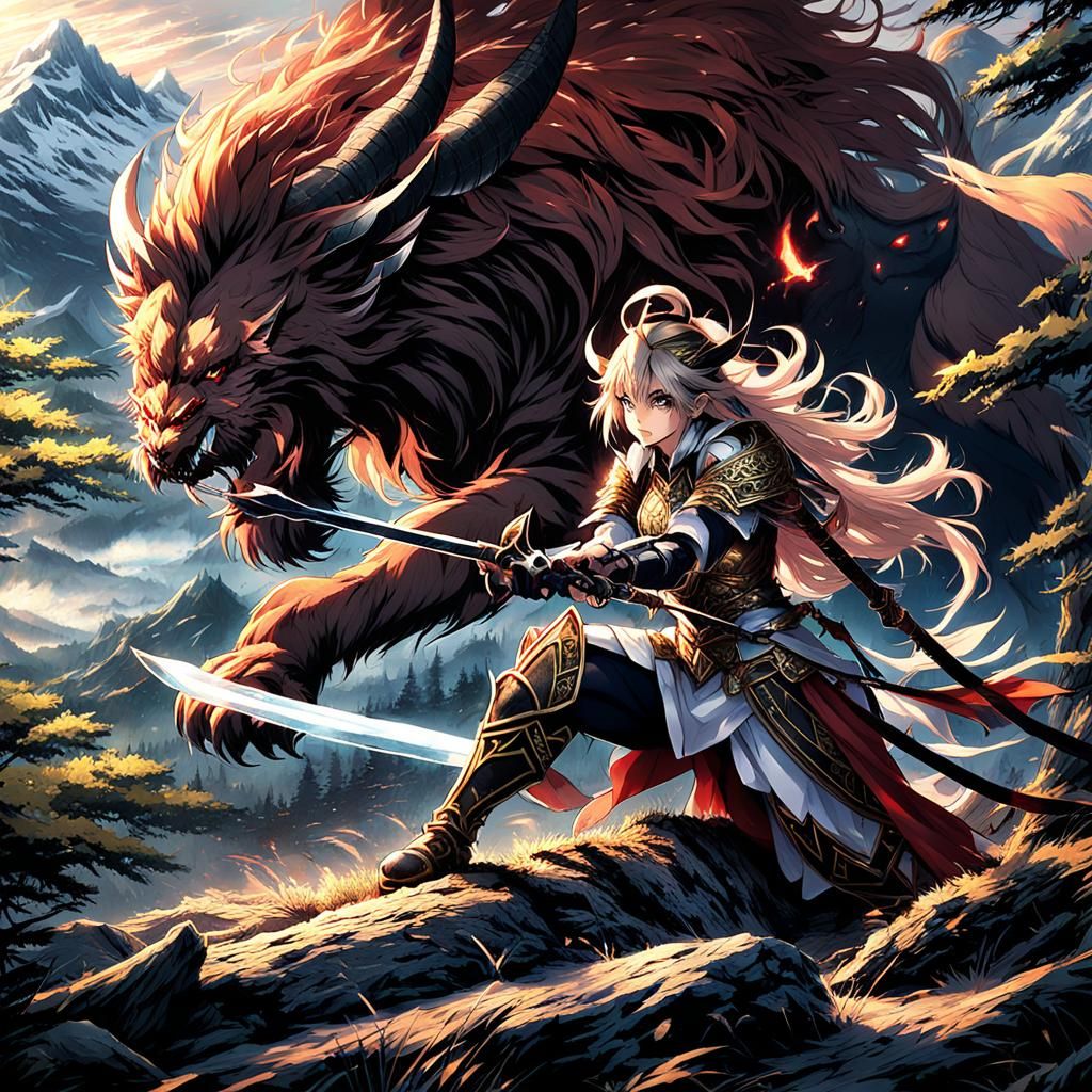 Warrior Maiden and Manticore in Anime Style