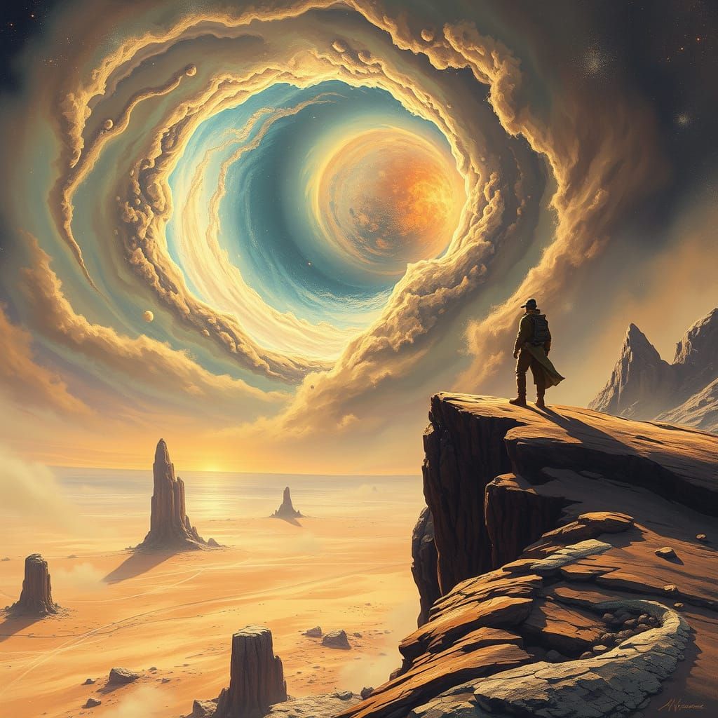 Lone Traveler on Precipice Overlooking Alien Desert