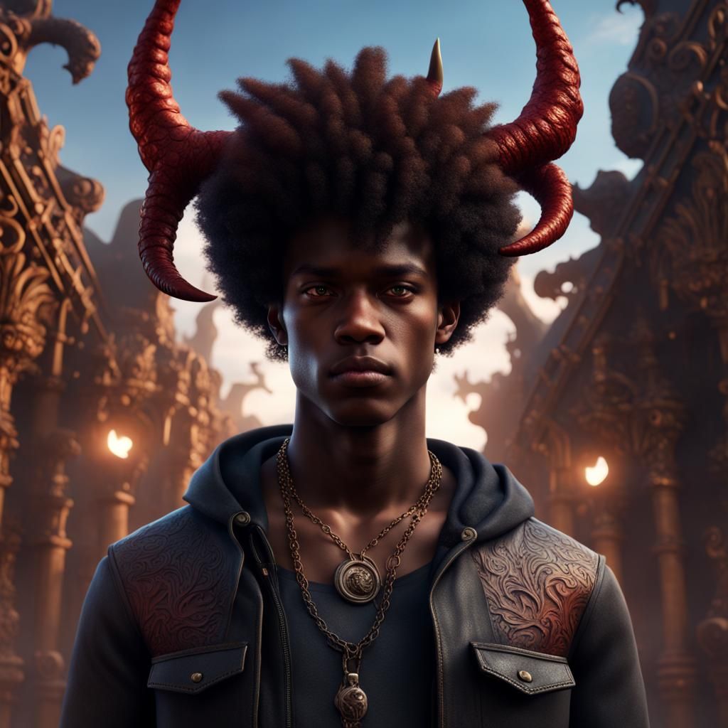 Teen with Afro and Demon Horns in Detailed Painting