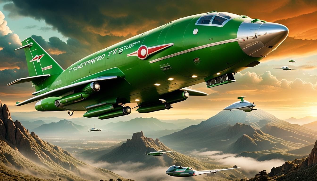 Thunderbird 2 Transporter Aircraft Over Mountain Sunset