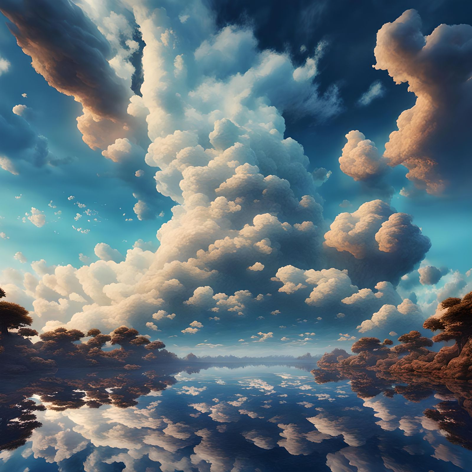 Noon Sky with Clouds Over Water in Digital Painting