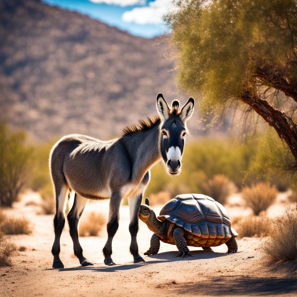 Donkey and Tortoise in Mojave Desert
