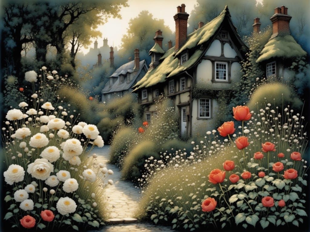 Sunlit Garden Between Dark Houses, Watercolor Style