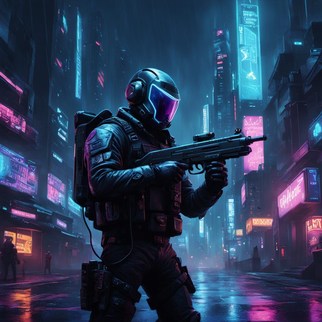 Cyberpunk Soldier with Jetpack and Laser Gun in Neon City