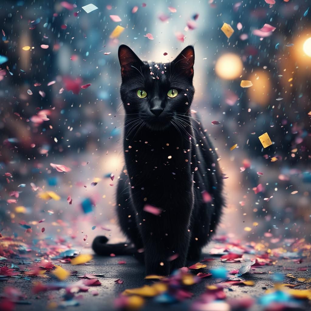 Black Cat in Confetti Rain: Digital Matte Painting