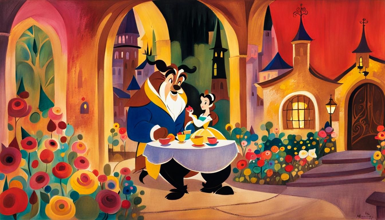 By Mary Blair, Disney Concept art, Beauty and the beast, little town full of little people:: colorful, alcohol ink